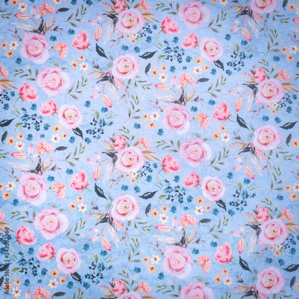 Romantic Roses on the Blue Background, Floral Pattern