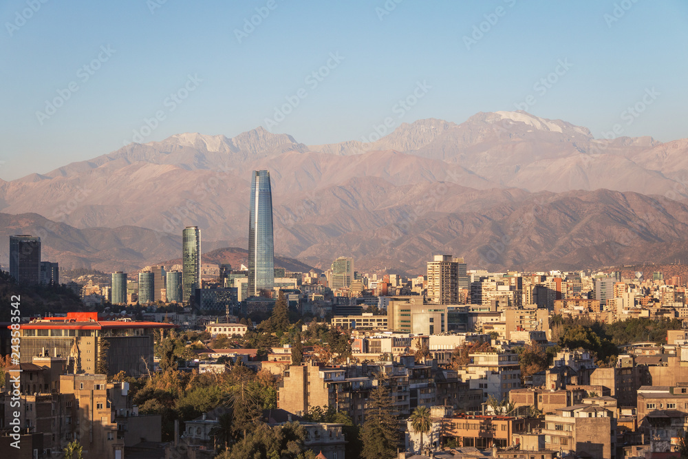 Aerial view of Santiago skyline at sunset with Andes Mountains - Santiago, Chile