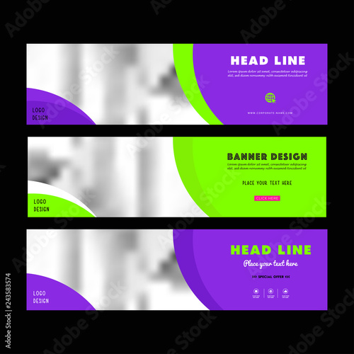 Purple web Banners Templates. Horizontal web banner set. Flat design concept. Facebook cover. Headers vector illustration - Vector