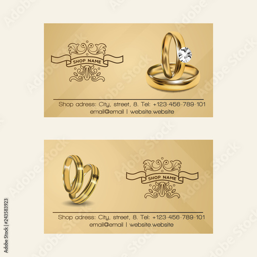Wedding rings vector wed shop business card of engagement symbol gold jewellery for proposal marriage sign business-card backdrop illustration set background