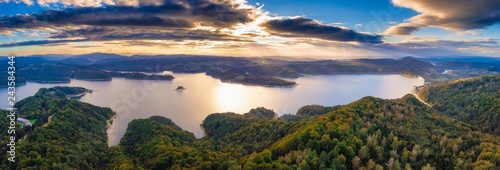 Beautiful sunset over Solina lake in Bieszczady Mountains photo