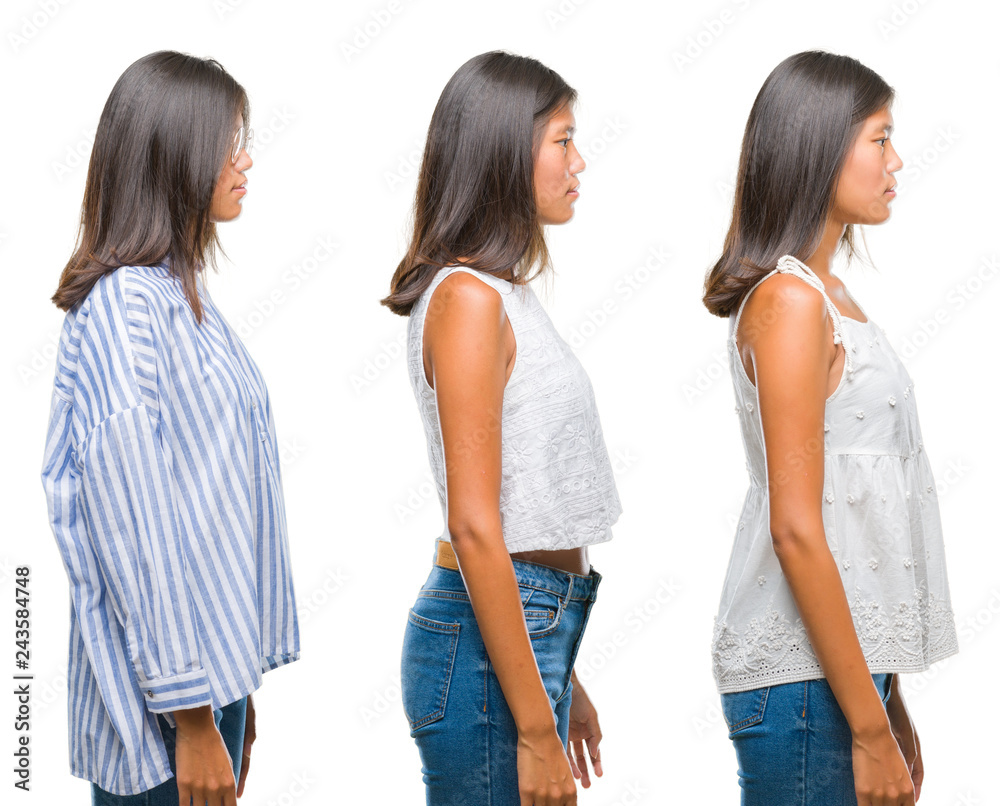 Collage of asian young woman standing wearing glasses over white isolated background looking to side, relax profile pose with natural face with confident smile. Collage of asian young woman standing wearing glasses over white isolated background looking to side, relax profile pose with natural face with confident smile.