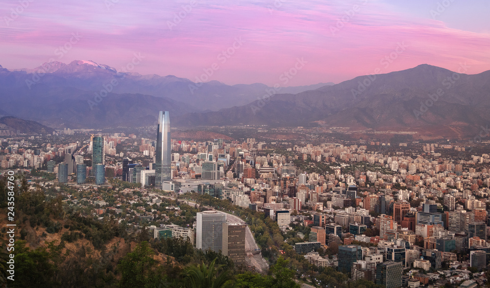 Aerial view of Santiago skyline at sunset - Santiago, Chile