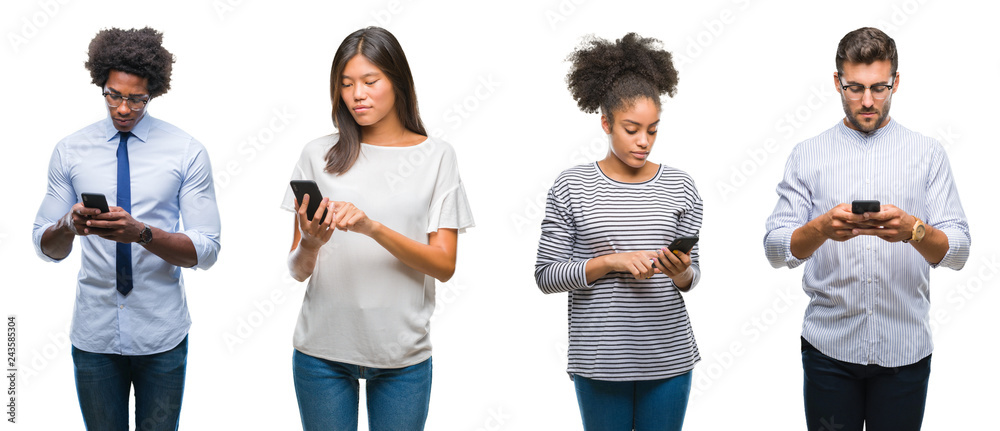 Collage of people texting sending message using smartphone over isolated background with a confident expression on smart face thinking serious