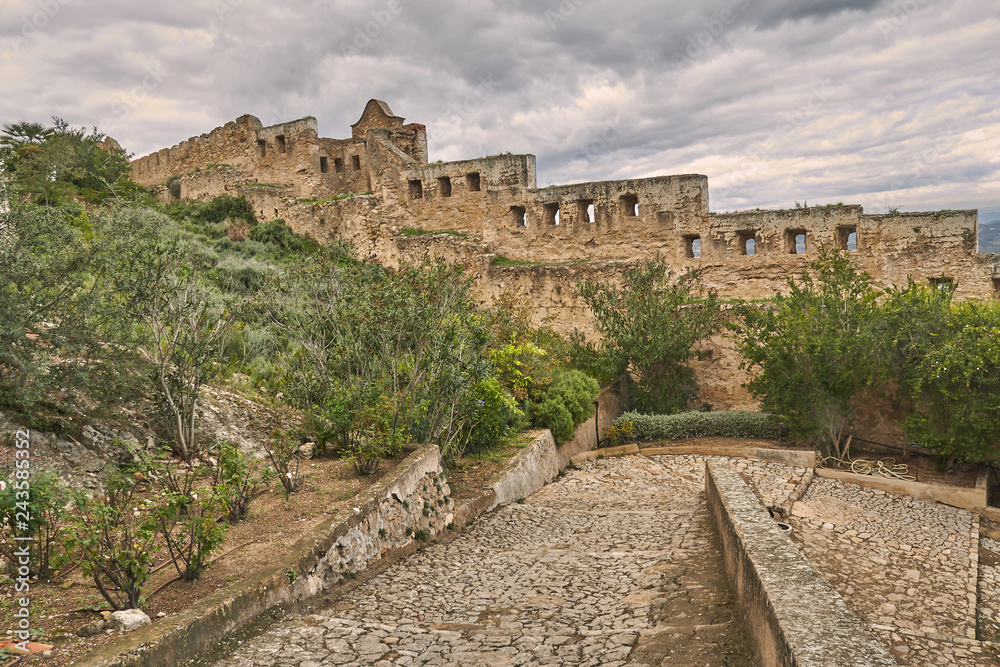 View inside the castle of Xativa, which is a medieval, tourist and ancient castle, located on a mountain and used in the past to defend the city of Xativa in Valencia, Spain, Europe.