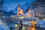 Church of Ramsau in winter twilight, Bavaria, Germany
