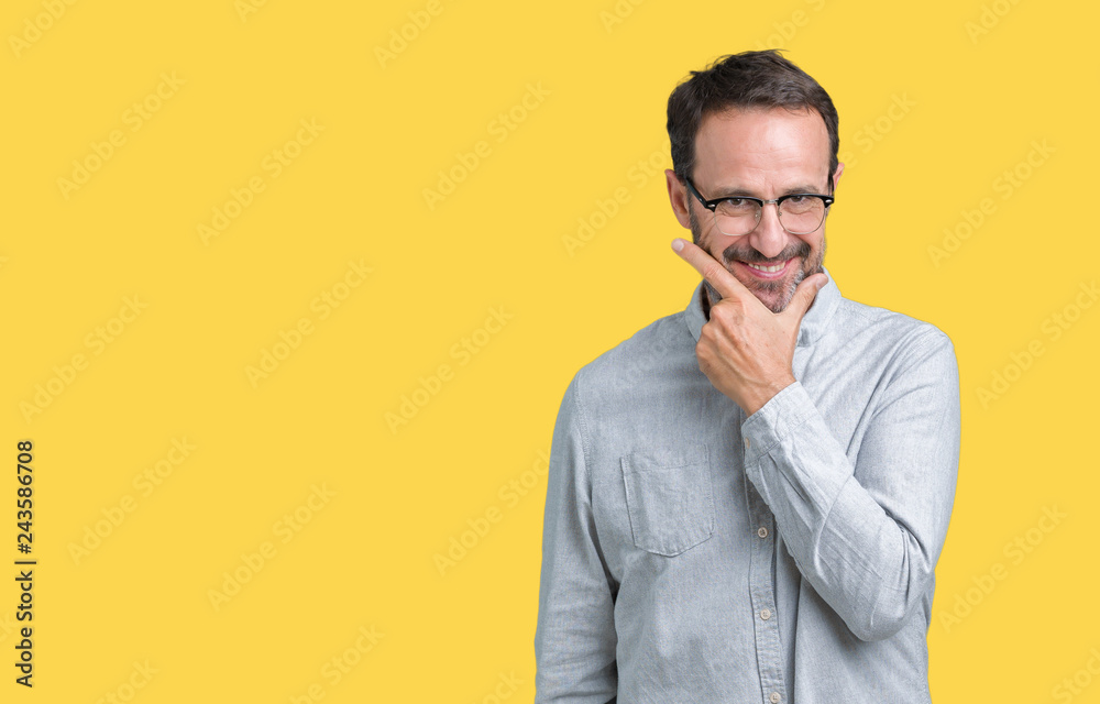Handsome middle age elegant senior man wearing glasses over isolated background looking confident at the camera with smile with crossed arms and hand raised on chin. Thinking positive. Handsome middle age elegant senior man wearing glasses over isolated background looking confident at the camera with smile with crossed arms and hand raised on chin. Thinking positive.