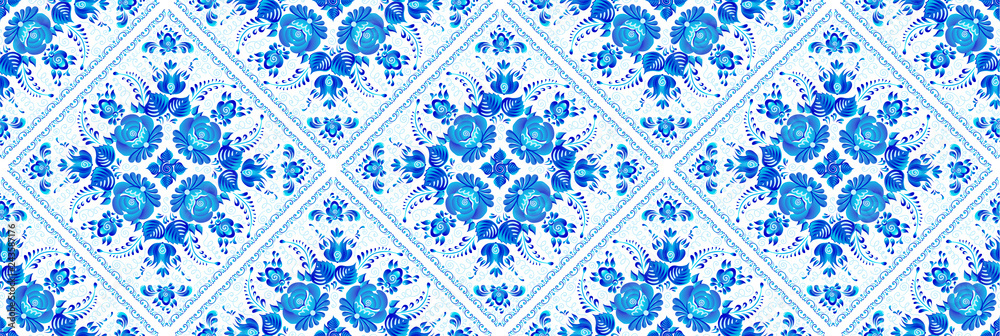 Blue geometrical seamless pattern with painted floral elements in ceramic tiles style