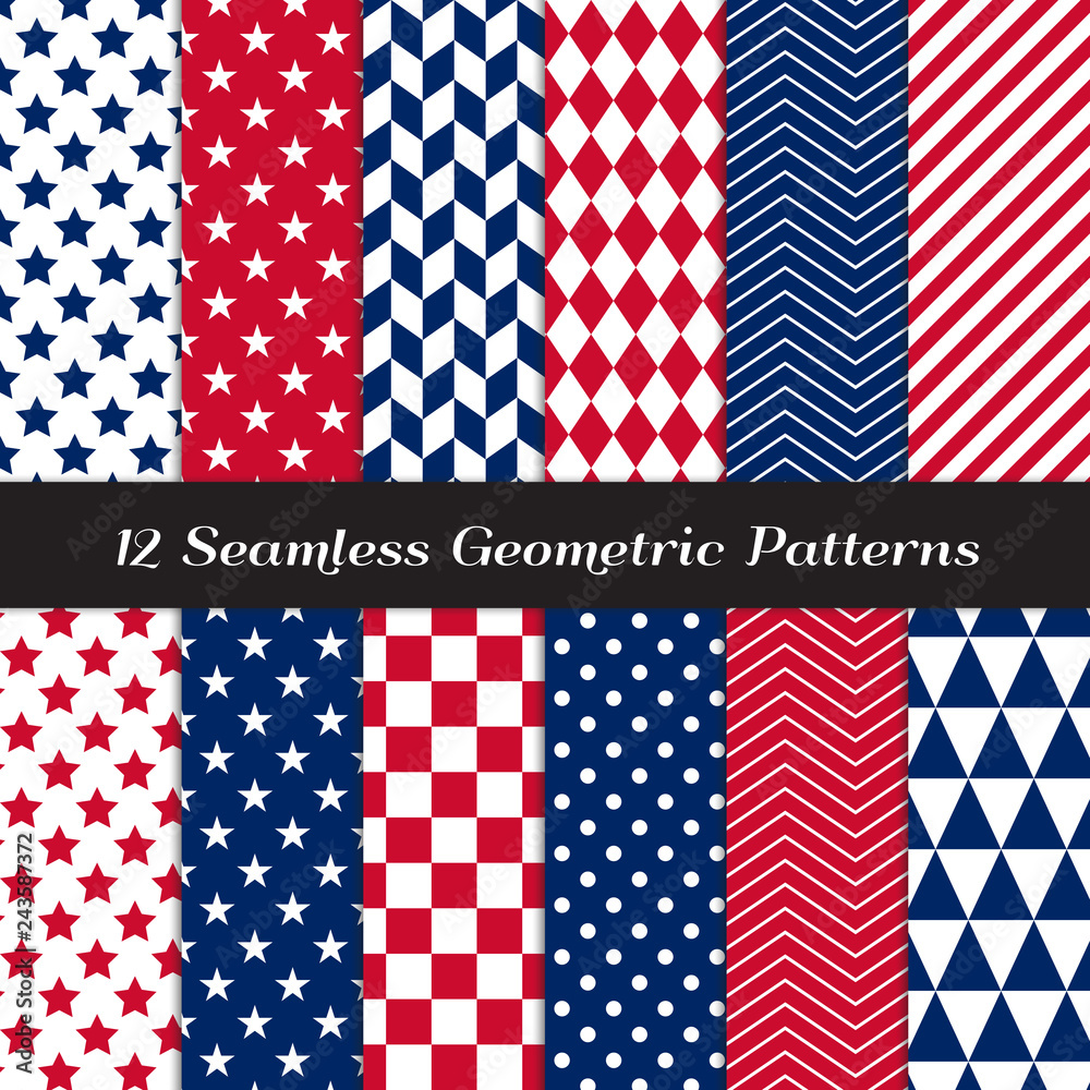 Patriotic Red White and Blue Geometric Vector Patterns. 4th of July Independence Day Background. Stars, Stripes, Chevron, Dots, Checks, Herringbone, Harlequin & Triangles. Pattern Tile Swatches incl.