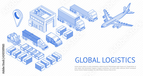 Creative isometric collection of blueprint trucks and containers for global logistics concept on white background