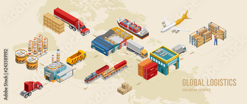 Arrows connecting various steps of delivery service as part of global logistics on world map
