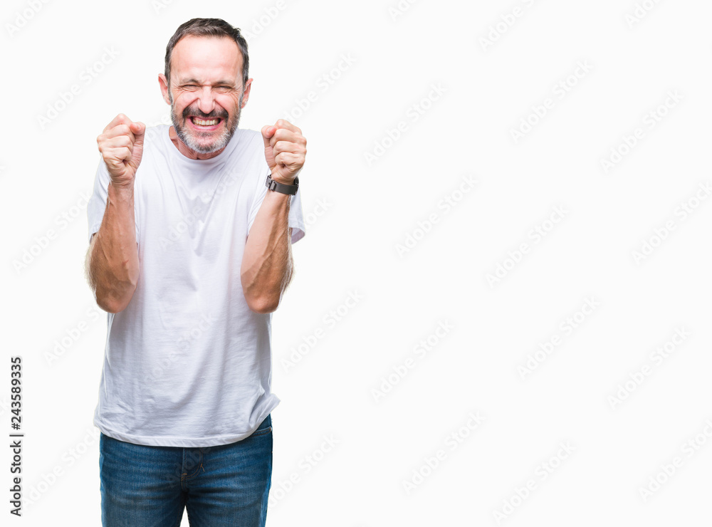 Middle age hoary senior man wearing white t-shirt over isolated background excited for success with arms raised celebrating victory smiling. Winner concept.