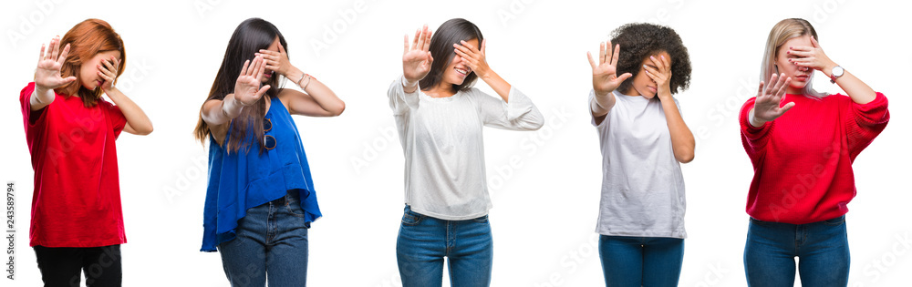 Collage of group of beautiful Chinese, asian, african american, caucasian women over isolated background covering eyes with hands and doing stop gesture with sad and fear and negative concept. Collage of group of beautiful Chinese, asian, african american, caucasian women over isolated background covering eyes with hands and doing stop gesture with sad and fear and negative concept.