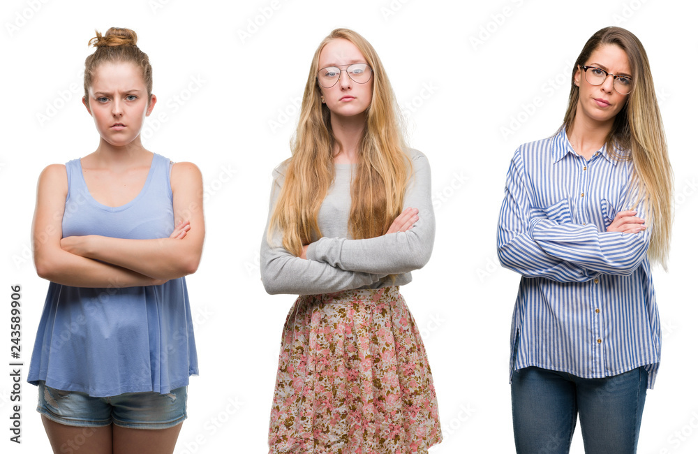 Fototapeta premium Collage of group of blonde women over isolated background skeptic and nervous, disapproving expression on face with crossed arms. Negative person.