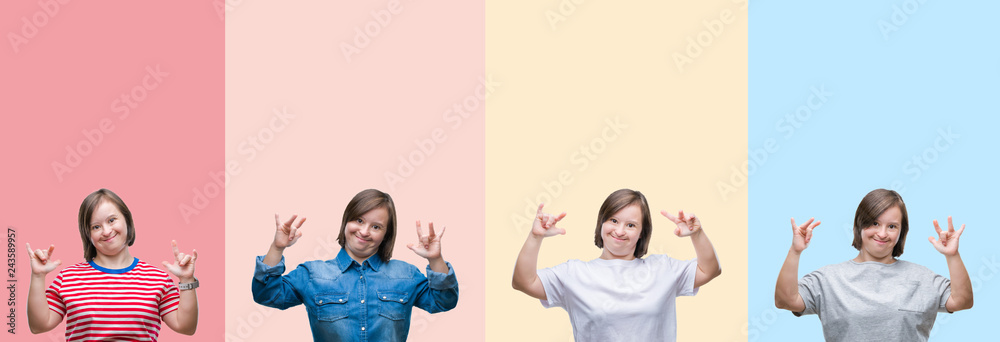 Collage of down syndrome woman over colorful stripes isolated background shouting with crazy expression doing rock symbol with hands up. Music star. Heavy concept.