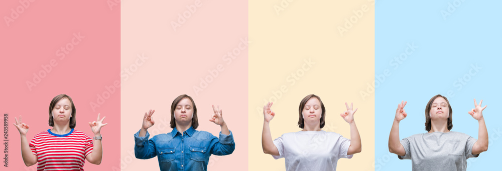 Obraz premium Collage of down syndrome woman over colorful stripes isolated background relax and smiling with eyes closed doing meditation gesture with fingers. Yoga concept.