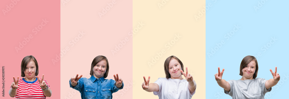 Obraz premium Collage of down syndrome woman over colorful stripes isolated background smiling looking to the camera showing fingers doing victory sign. Number two.