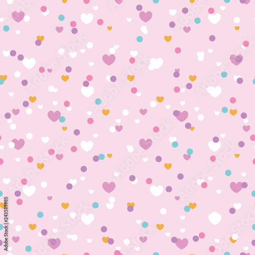 Cute confetti hearts seamless repeat pattern. Great for Valentines Day or wedding invitations, cards, backgrounds, gifts, packaging design projects. Surface pattern design.