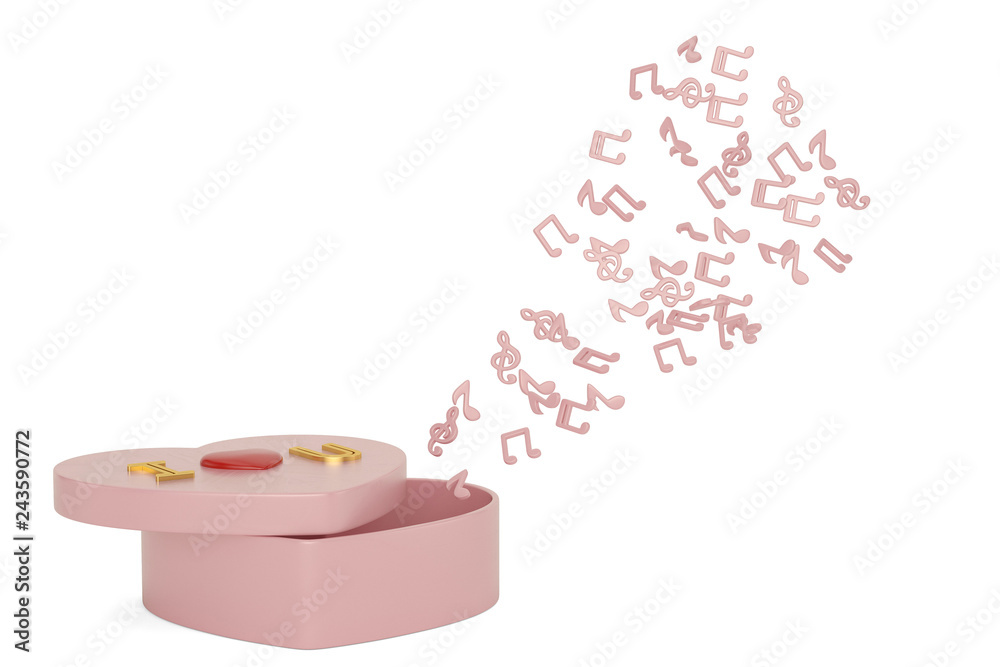 Heart shaped gift box and musical note on white background. 3D illustration. Heart shaped gift box and musical note on white background. 3D illustration.