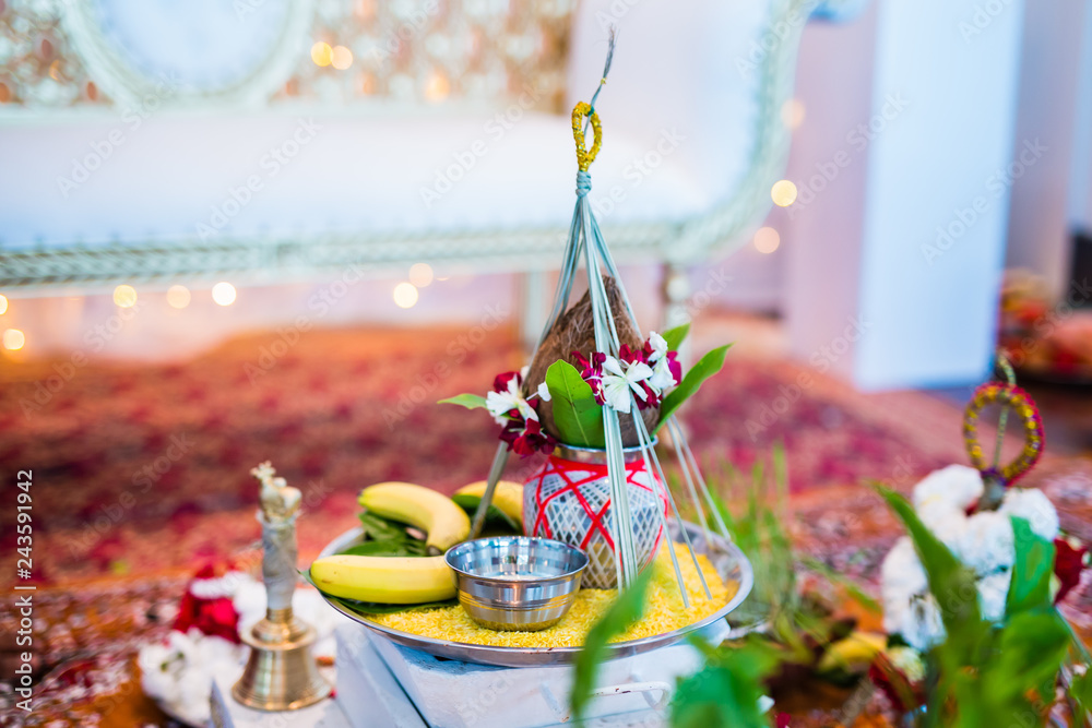 Indian wedding ceremony ritual items and decorations