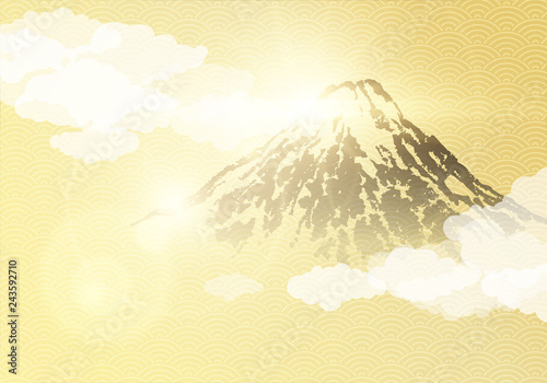 Japanese traditional golden background and Mount Fuji on sunrise. Vector illustration.