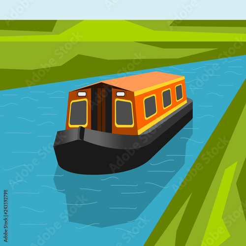 Fototapeta Editable Three-Quarter Top Front Side Oblique View Canal Boat on Calm Blue River