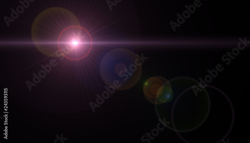 Lens flare light on black background. Easy to add overlay or screen filter over photos 