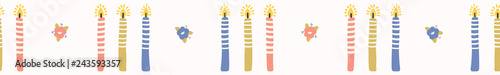 Hand drawn vector lit candles in blue, pink, yellow. Seamless repeat border. Kawaii candlelight illustration isolated and burning flame. For birthday party celebration banner ribbon washi tape.