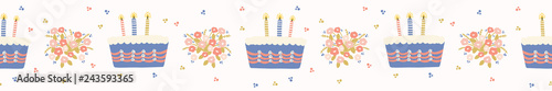 Hand drawn vector lit candles on birthday cake with flower bouquet. Seamless repeat border. Kawaii candlelight bakery illustration with sprinkle confetti for birthday party celebration banner ribbon.