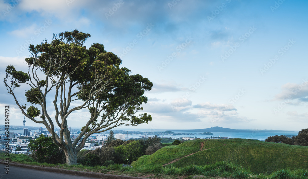Obraz premium Mount eden with the skyline of auckland city