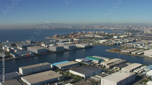 Tokyo, Japan circa-2018.  Flying towards Tokyo Disneyland Park.  Shot from helicopter with RED camera. photo