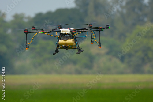 Agricultural drone working in rice field, Thailand, Smart Farm, Unmanned Aerial Vehicle. (UAV)