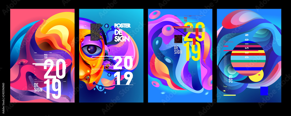 Fototapeta 2019 New Poster Design Template. Trendy Vector Typography and Colorful Illustration Collage for Cover and Page Layout Design Template in eps10