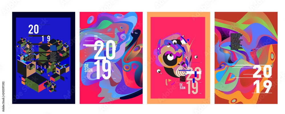 Obraz premium 2019 New Poster Design Template. Trendy Vector Typography and Colorful Illustration Collage for Cover and Page Layout Design Template in eps10