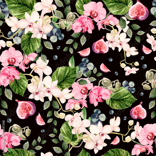 Beautiful watercolor bright pattern with orchid flowers and blueberry berries...