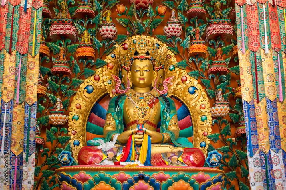 Fototapeta premium Buddha statue in buddhist Matho monastery ( Gompa ) temple in Leh, Jammu and Kashmir state, Ladakh, India