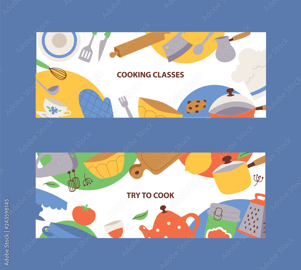 Kitchen utensils banner cartoon kitchenware, cookware, cutlery, kitchen tools vector illustration.Cooking classes banner. Try to cook poster.