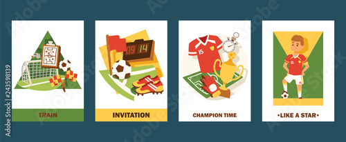 Football cards vector illustration set. Invitation for match or championship. Cartoon professional football player like a star. Champion time for winners in tournament.