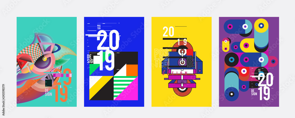 Fototapeta premium 2019 New Poster Design Template. Trendy Vector Typography and Colorful Illustration Collage for Cover and Page Layout Design Template in eps10