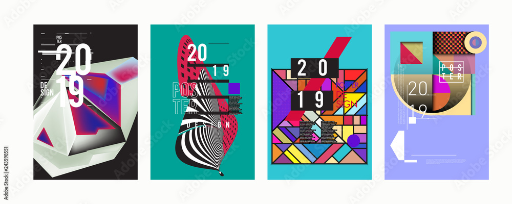 2019 New Poster Design Template. Trendy Vector Typography and Colorful Illustration Collage for Cover and Page Layout Design Template in eps10