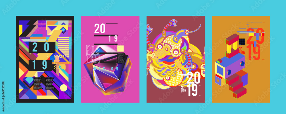 Obraz premium 2019 New Poster Design Template. Trendy Vector Typography and Colorful Illustration Collage for Cover and Page Layout Design Template in eps10