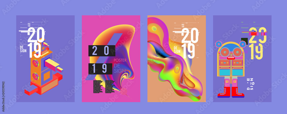 2019 New Poster Design Template. Trendy Vector Typography and Colorful Illustration Collage for Cover and Page Layout Design Template in eps10