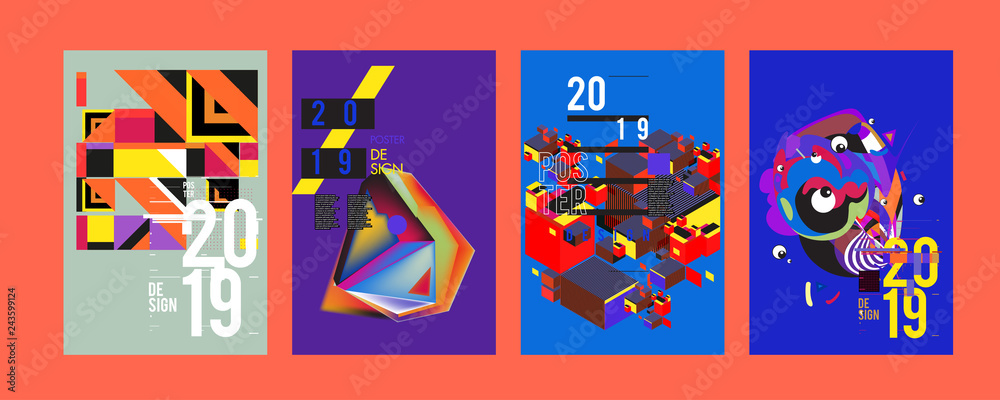 2019 New Poster Design Template. Trendy Vector Typography and Colorful Illustration Collage for Cover and Page Layout Design Template in eps10