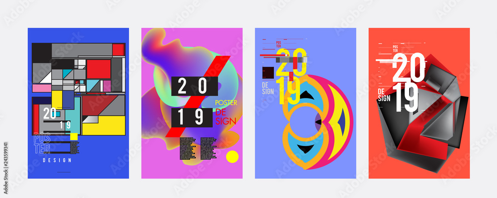 2019 New Poster Design Template. Trendy Vector Typography and Colorful Illustration Collage for Cover and Page Layout Design Template in eps10