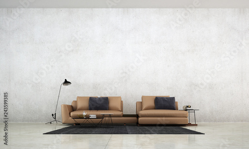 The loft living room and concrete wall texture background and brown leather sofa