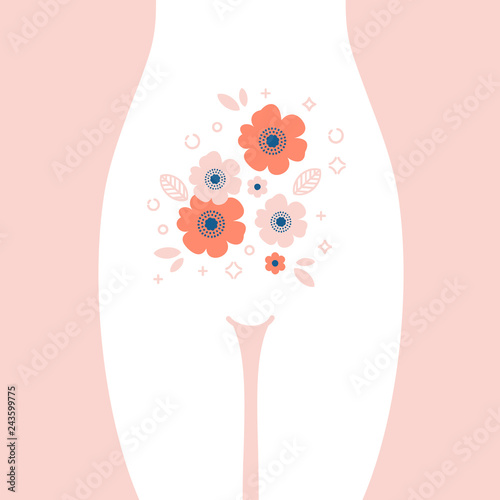 Women health illustration. Stomach with the flower inside. Young happy woman. Vector illustration