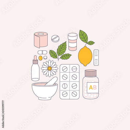Flu remedy. Medications, lemon, camomile. Flat line art. Vector illustration