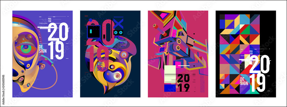 2019 New Poster Design Template. Trendy Vector Typography and Colorful Illustration Collage for Cover and Page Layout Design Template in eps10