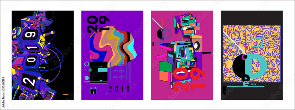 2019 New Poster Design Template. Trendy Vector Typography and Colorful Illustration Collage for Cover and Page Layout Design Template in eps10 2019 New Poster Design Template. Trendy Vector Typography and Colorful Illustration Collage for Cover and Page Layout Design Template in eps10