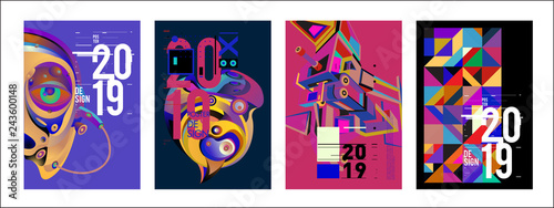 2019 New Poster Design Template. Trendy Vector Typography and Colorful Illustration Collage for Cover and Page Layout Design Template in eps10